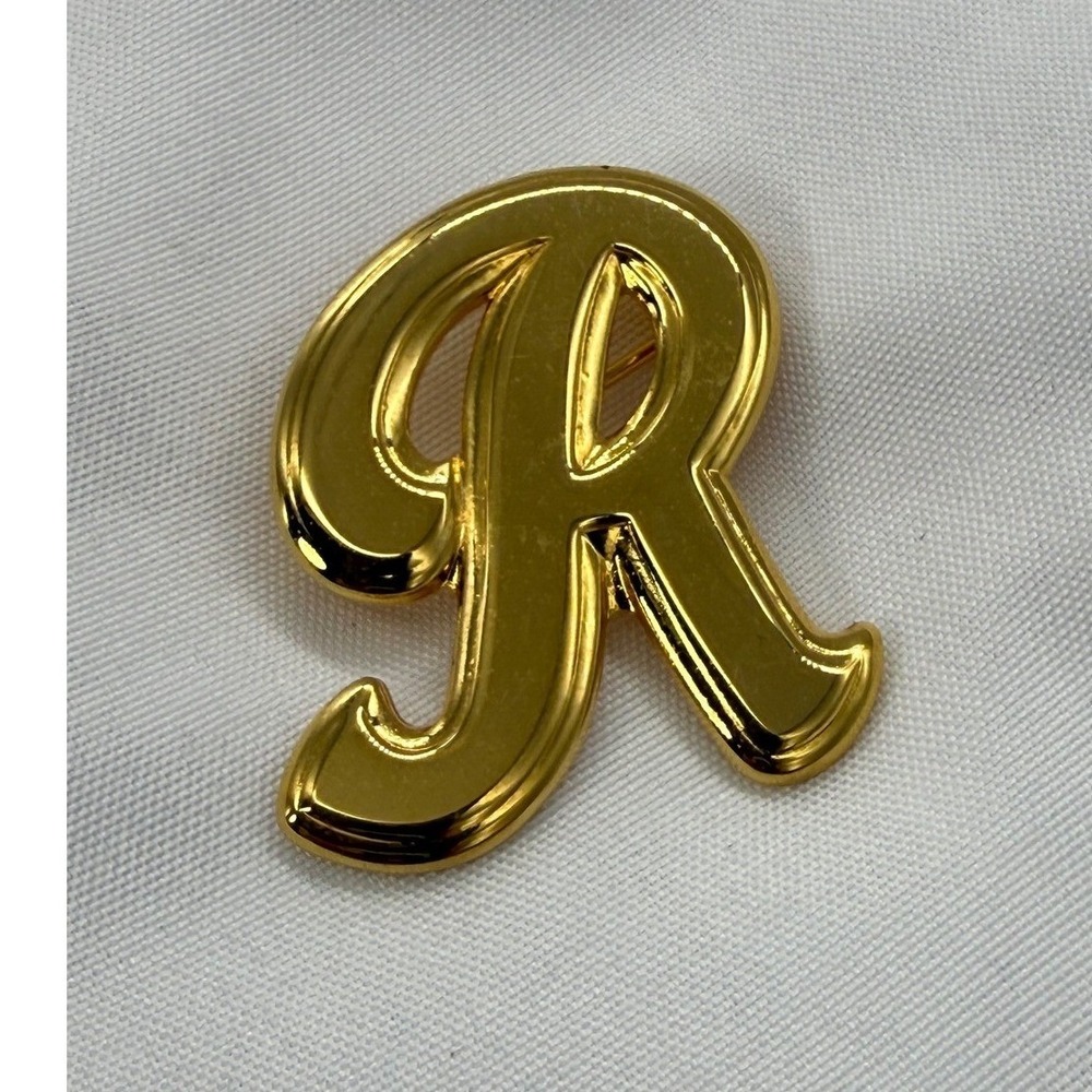 Gold Tone Cursive Letter R Initial Brooch Pin Polished Monogram Name‎ Accessory